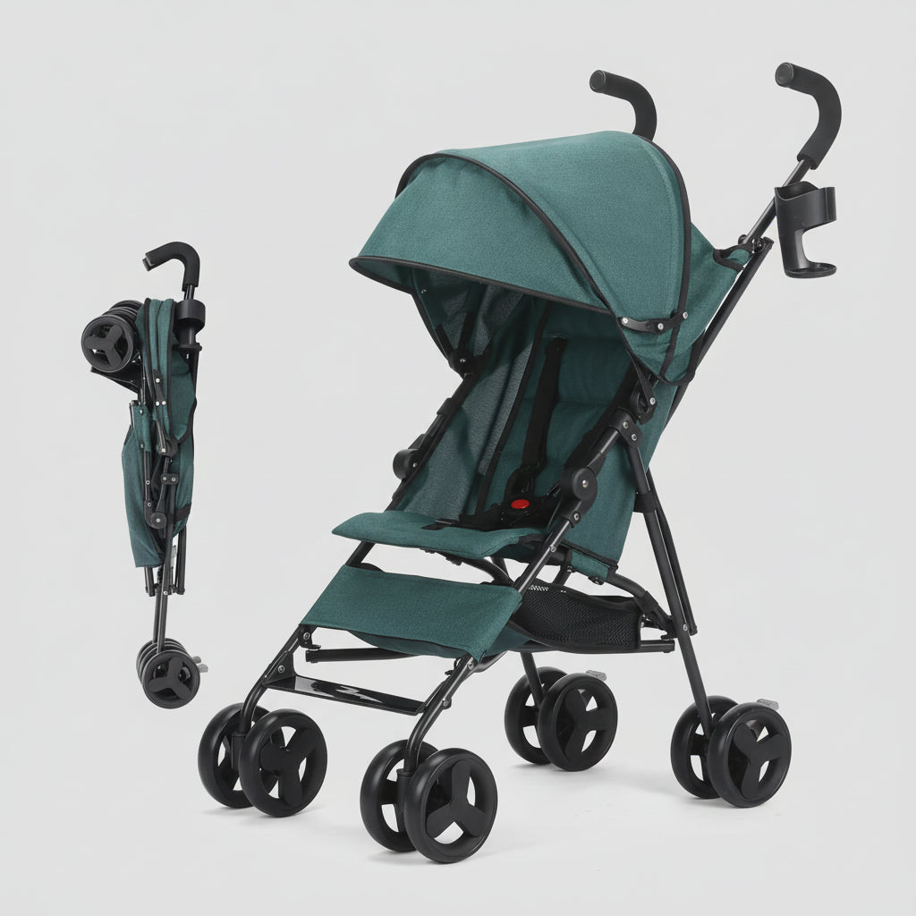 Poussette_canne_compacte_legere_verte_plié