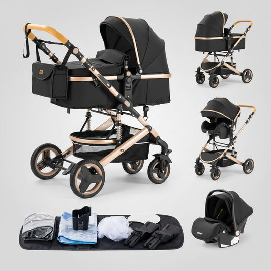 Poussette_compacte_3_en_1_noire_et_or