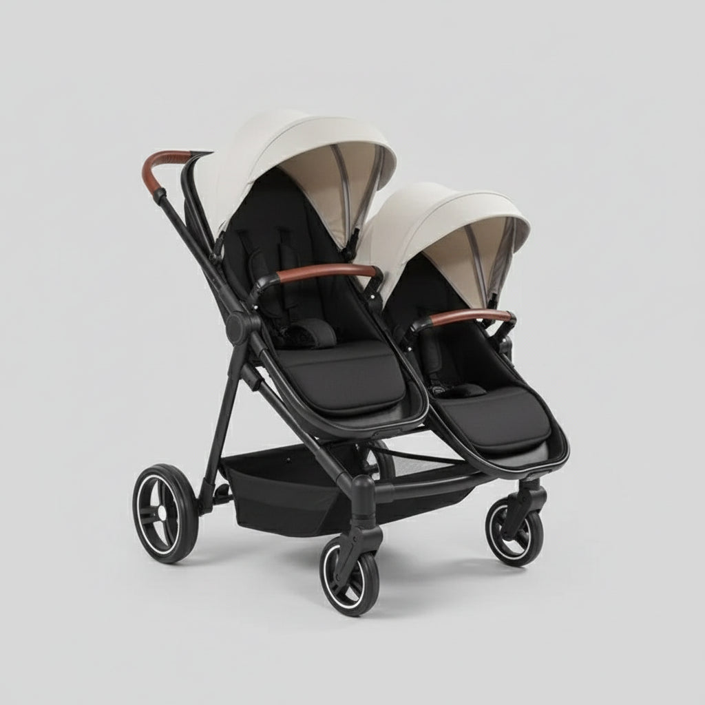 Poussette double compacte beige