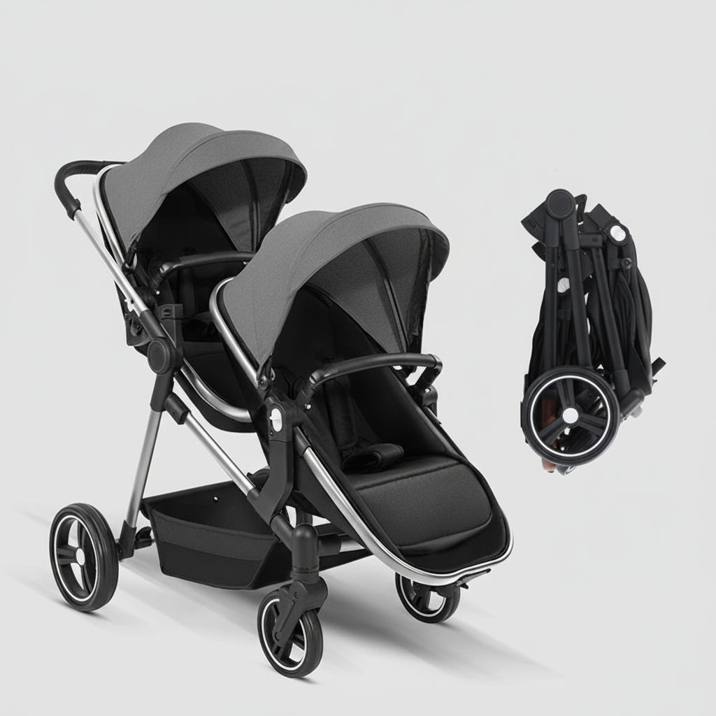 Poussette double compacte grise