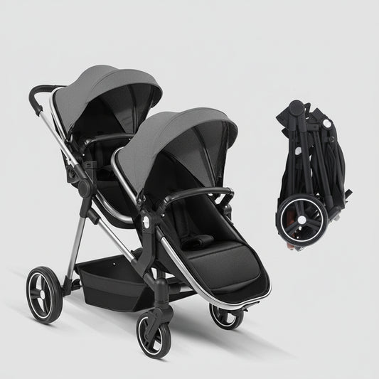 Poussette double compacte grise