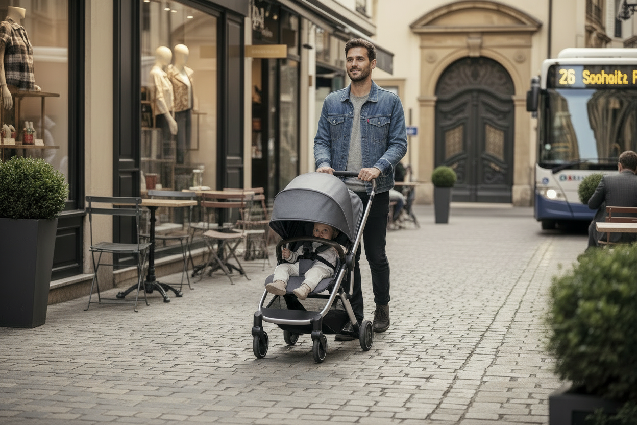 poussette compacte dans un espace urbain 